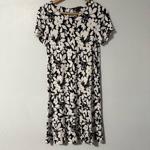 Ann Taylor Knit Pullover Knee Length Dress Black‎ White Floral Ruffle Hem S